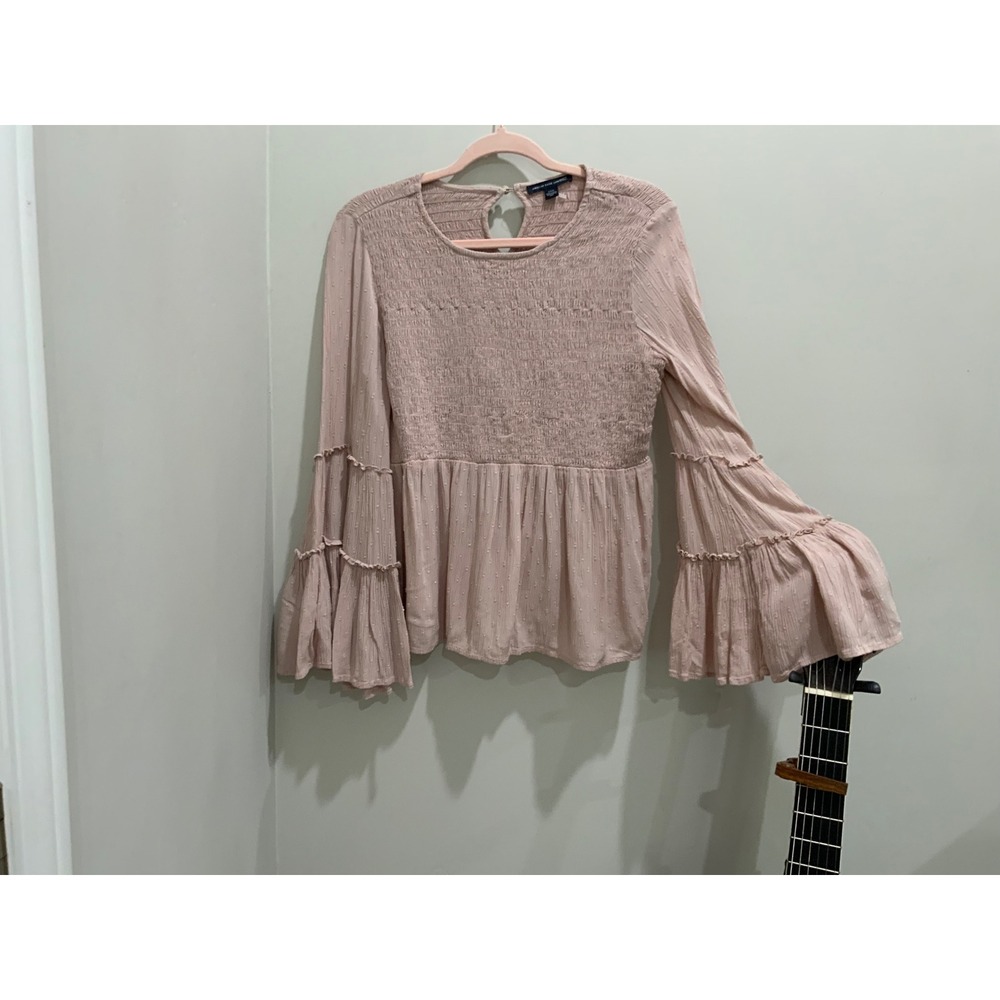 American Eagle Smocked Peplum Top Pink Swiss Dot Tiered Bell Sleeve Blouse L